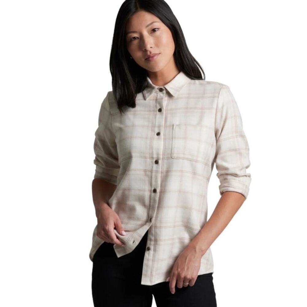 Kuhl Whisper flannel button down LS shirt plaid cream pink medium gorpcore